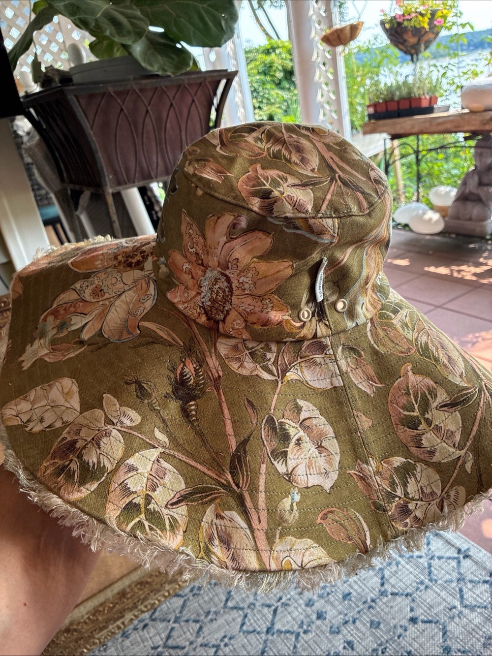 Zimmermann Olive Floral Frayed Wide-Brim Sun Hat